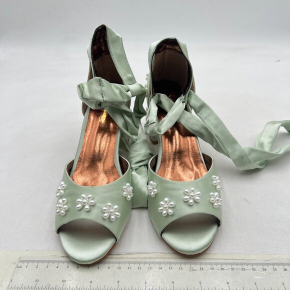 XYD Light Green Open Toe Pearl Flower Ribbon Ankle Strap Chunky Heel Sandal - Picture 2 of 7